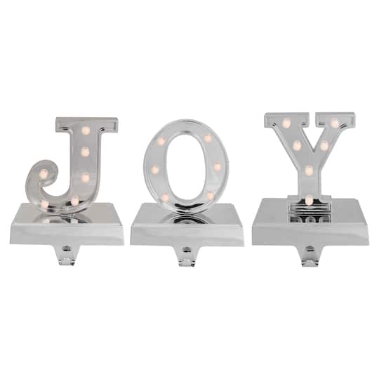 6.5&#x22; Silver LED JOY Christmas Stocking Holder Set